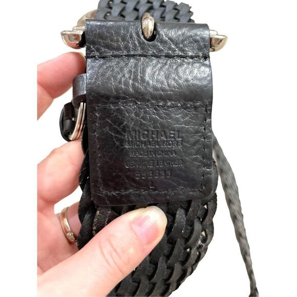 Michael Kors leather braided equestrian belt designer logo charms silver‎ black